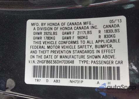 2013 Honda Civic Si from USA, damaged, VIN 2HGFB6E56DH703648